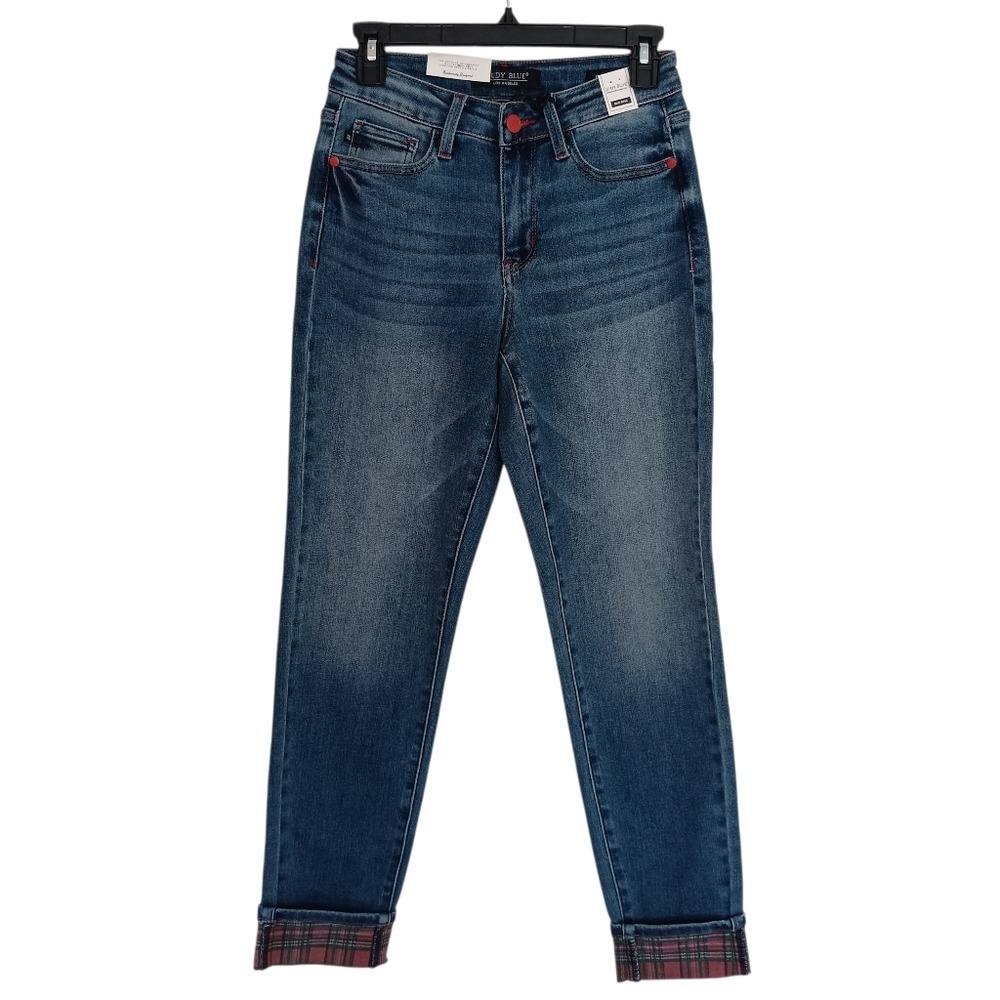 Judy Blue Boyfriend Jeans Womens 1/25 Blue Plaid Cuff Red Hardware JB88877 MD